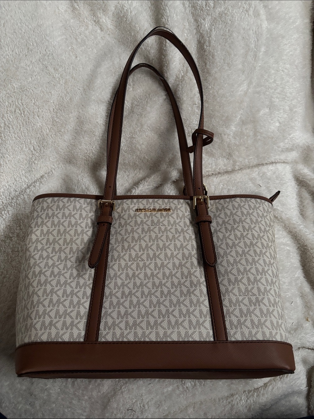 Michael Kors Beige/ Brown Signature MK Tote with Leather Trim